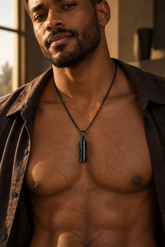 Collier · Noir, porté homme · silhouette 02, mise en scène conceptuelle